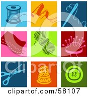 Royalty Free RF Clipart Illustration Of A Digital Collage Of Colorful Thread Tape Measure Needle Patch Yarn Scissors Thimble And Button Icons