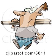 Man Carrying A Hammer And Fence Boards Clipart Illustration