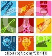 Royalty Free RF Clipart Illustration Of A Digital Collage Of Colorful Ruler Scraper Paintbrush Screw Pliers Saw Bolts Light Bulb And Trowel Icons