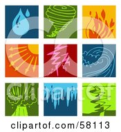 Royalty Free RF Clipart Illustration Of A Digital Collage Of Colorful Rain Tornado Fire Heat Lightning Tsunami Volcano Flood And Earthquake Icons by NL shop