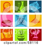 Poster, Art Print Of Digital Collage Of Colorful Clock Vase Pillow Stool Mirror Lamp Rug Plant And Statue Icons