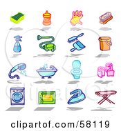Royalty Free RF Clipart Illustration Of A Digital Collage Of A Sponge Soap Glove Brush Spray Bottle Vacuum Dust Pan Bucket Shower Bath Toilet Toilet Paper Washing Machine Oven Iron Ironing Board by NL shop
