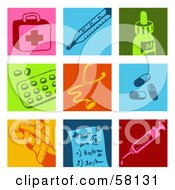 Poster, Art Print Of Digital Collage Of Colorful First Aid Kit Thermometer Medicine Pills Stethoscope Bandage And Syringe Icons
