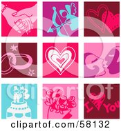 Royalty Free RF Clipart Illustration Of A Digital Collage Of Colorful Hand Holding Cupid Heart Rings Kiss Wedding Cake Roses And Love Icons