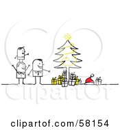 Poster, Art Print Of Stick People Character Family Standing By A Christmas Tree
