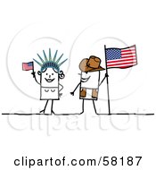 Stick People Character Couple Touring America With A Flag And Statue Of Liberty