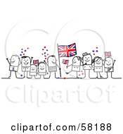 Stick People Character Crowd Celebrating With Union Jack Flags
