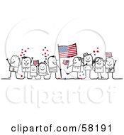 Poster, Art Print Of Stick People Character Crowd Celebrating With American Flags