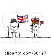 Royalty Free RF Clipart Illustration Of A Stick People Character Couple Touring The United Kingdom With A Flag And Crown by NL shop