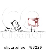 Poster, Art Print Of Stick People Character Man And Dog Watching Tv