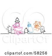 Royalty Free RF Clipart Illustration Of Stick People Character Kids Playing With A Baby Bottle Stroller And Teddy Bear by NL shop