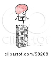 Poster, Art Print Of Stick People Character Man With A Big Brain Standing On Books