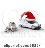 Poster, Art Print Of Stack Of Presents By A 3d Christmas Delivery Van With A Giant Santa Hat