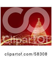 Poster, Art Print Of Magical Gold Christmas Tree On Swooshes Over A Red Background