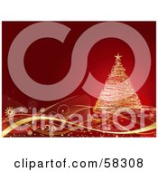 Royalty Free RF Clipart Illustration Of A Magical Gold Christmas Tree On Swooshes Over A Red Background