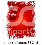 Poster, Art Print Of Three Red Christmas Ornaments With Frost On Red With Snowflakes And Presents