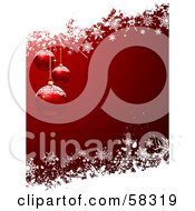 Royalty Free RF Clipart Illustration Of Frost On Three Red Christmas Ornaments Over A Red Background With White Snowflake Grunge