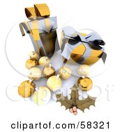Poster, Art Print Of Two Tall 3d Silver And Gold Christmas Gifts With Holly And Ornaments