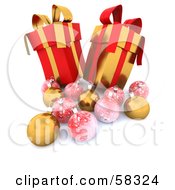 Poster, Art Print Of Two Tall 3d Red And Gold Christmas Gifts With Ornaments