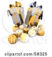 Royalty Free RF Clipart Illustration Of Two Tall 3d Silver And Gold Christmas Gifts With Ornaments