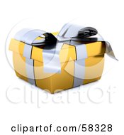 Poster, Art Print Of Squished 3d Golden Christmas Gift Box Adorned With A Silver Ribbon And Bow