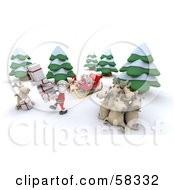 Poster, Art Print Of 3d Santa And Rudolph Delivering Gifts While Other Reindeer Rest