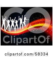 Royalty Free RF Clipart Illustration Of A Group Of Silhouetted White Dancers Celebrating On A Magical Wave Over Black