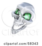 3d Silver Human Skeleton Head With Glowing Green Eye Sockets