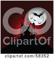 Royalty Free RF Clipart Illustration Of A Red Background Of A Silhouetted Spooky House On A Hill Under Bats And A Full Moon by KJ Pargeter