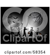Royalty Free RF Clipart Illustration Of A Group Of Silhouetted Trick Or Treaters In Halloween Costumes Walking Under Bats Between Bare Trees At Night