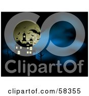 Royalty Free RF Clipart Illustration Of Silhouetted Vampire Bats In Front Of The Full Moon Near A Spooky House On A Hill On A Misty Blue Night