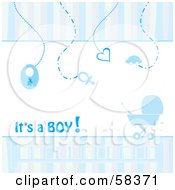 Royalty Free RF Clipart Illustration Of Vertical Blue Stripe Borders With Baby Items And A Carriage Announcing That Its A Boy