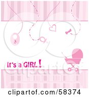 Royalty Free RF Clipart Illustration Of Vertical Pink Stripe Borders With Baby Items And A Carriage Announcing That Its A Girl by MilsiArt