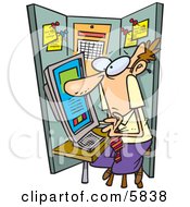 Man Using A Computer In A Cramped Cubicle Clipart Illustration