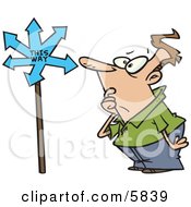 Confused Man Looking At A Sign That Points In Many Directions Clipart Illustration