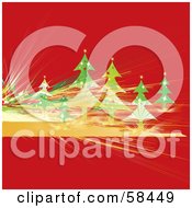 Poster, Art Print Of Red Christmas Background With Fractal Lines And Evergreen Trees