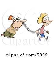 Woman Leading A Man On A Metal Chain Clipart Illustration by toonaday