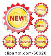 Royalty Free RF Clipart Illustration Of Yellow And Red New Button Labels In Different Languages by MilsiArt