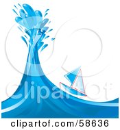 Royalty Free RF Clipart Illustration Of A Small Sailboat Gliding Down The Side Of A Big Blue Wave by MilsiArt