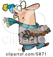 Caucasian Man In Winter Clothing Carrying Firewood For His Fireplace Clipart Illustration
