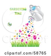 Poster, Art Print Of Watering Can Pouring Hearts And Stars Over Grass With A Butterfly And Gardening Time Text
