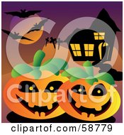 Silhouetted Bats Flying Over A Cemetery And Halloween Pumpkins By A Spooky House