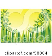 Background Of Shiny Green Flowers And Grass Blades On Yellow