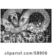 Royalty Free RF Clipart Illustration Of A Background Of Gray Daisy Flowers And Circles On Black by kaycee