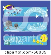 Royalty Free RF Clipart Illustration Of A Digital Collage Of Three Fish And Dolphin Swimming Diving And Fishing Banners
