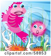 Poster, Art Print Of Two Pink Sea Creatures Above Corals And Anemones