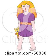 Poster, Art Print Of Blond Girl In A Purple Dress Standing With A Teddy Bear