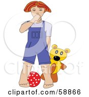 Poster, Art Print Of Red Haired Boy In Overalls Standing With A Teddy Bear And Ball