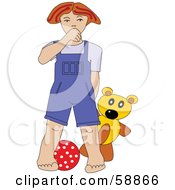 Royalty Free RF Clipart Illustration Of A Red Haired Boy In Overalls Standing With A Teddy Bear And Ball