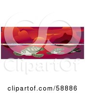 Poster, Art Print Of Three Sea Turtles Swimming In Under A Red Ocean Sunset